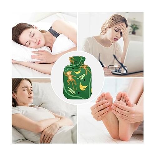  hot Water Bottles with Soft Cover 2L fashy Shoulder ice Pack for Hot and Cold Compress, Hand Feet Seamless Pattern Monkeys Animal Lianas