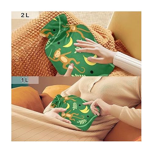  hot Water Bottles with Soft Cover 2L fashy Shoulder ice Pack for Hot and Cold Compress, Hand Feet Seamless Pattern Monkeys Animal Lianas