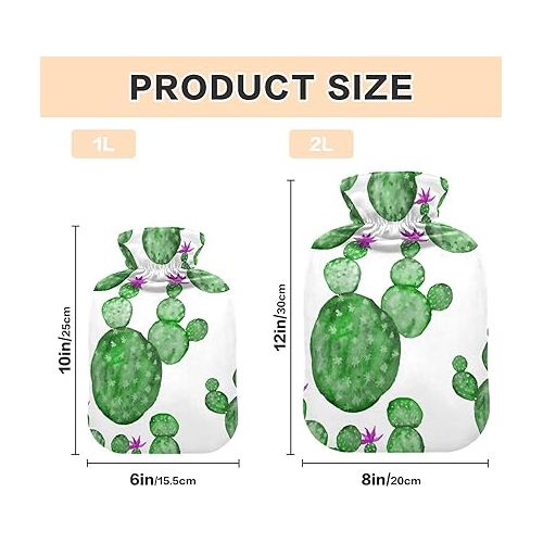  hot Water Bottles with Velvet Cover 2L fashy Shoulder ice Pack for Bed, Kids Men & Women Watercolor Pattern Cactuses Flower