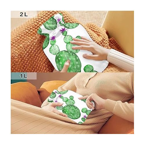  hot Water Bottles with Velvet Cover 2L fashy Shoulder ice Pack for Bed, Kids Men & Women Watercolor Pattern Cactuses Flower