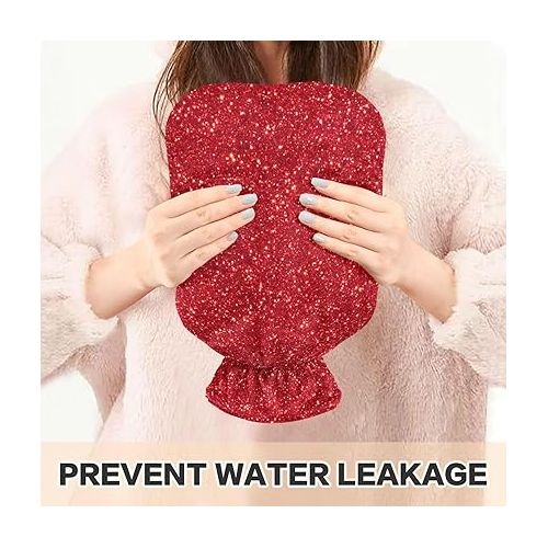  hot Water Bag Velvet Transparent 2L fashy ice Pack for Pain Relief, Menstrual Cramps Red Glitter Texture