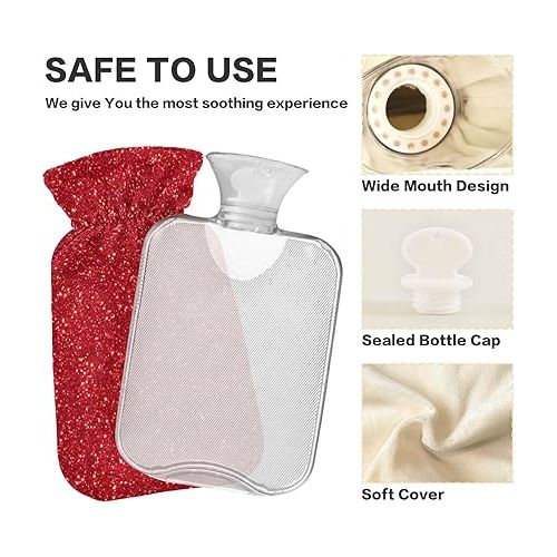  hot Water Bag Velvet Transparent 2L fashy ice Pack for Pain Relief, Menstrual Cramps Red Glitter Texture