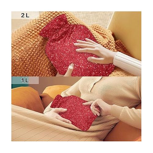  hot Water Bag Velvet Transparent 2L fashy ice Pack for Pain Relief, Menstrual Cramps Red Glitter Texture