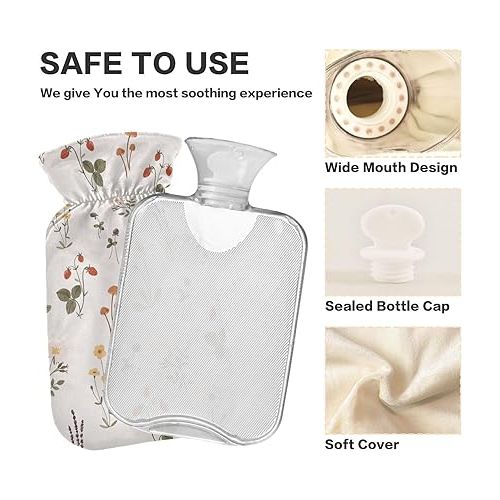  Warm Water Bottle Velvet Transparent 1 Liter fashy ice Packs for Pain Relief, Menstrual Cramps Wildflowers Khaki