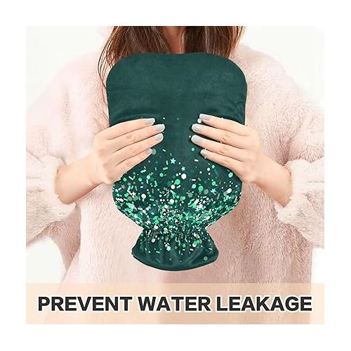  Hot Bottle Water Bag Velvet Transparent 2L fashy ice Pack for Hot and Cold Therapies Green Glitter