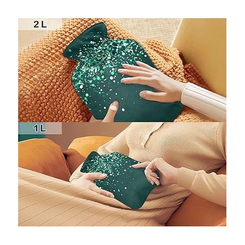  Hot Bottle Water Bag Velvet Transparent 2L fashy ice Pack for Hot and Cold Therapies Green Glitter