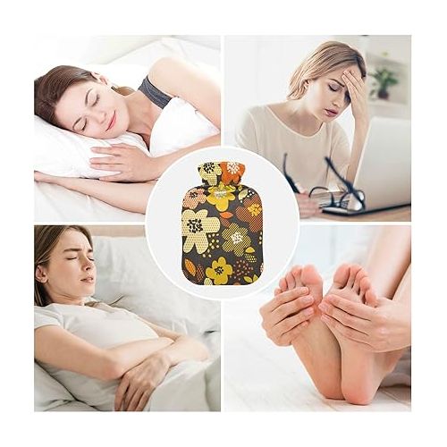  hot Water with Soft Cover 2L fashy Shoulder ice Pack for Pain Relief, Menstrual Cramps Retro Flower Motif in Fall Orange
