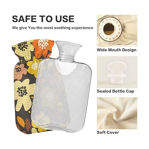  hot Water with Soft Cover 2L fashy Shoulder ice Pack for Pain Relief, Menstrual Cramps Retro Flower Motif in Fall Orange