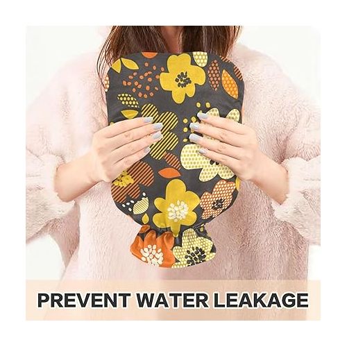  hot Water with Soft Cover 2L fashy Shoulder ice Pack for Pain Relief, Menstrual Cramps Retro Flower Motif in Fall Orange