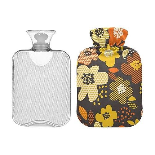  hot Water with Soft Cover 2L fashy Shoulder ice Pack for Pain Relief, Menstrual Cramps Retro Flower Motif in Fall Orange