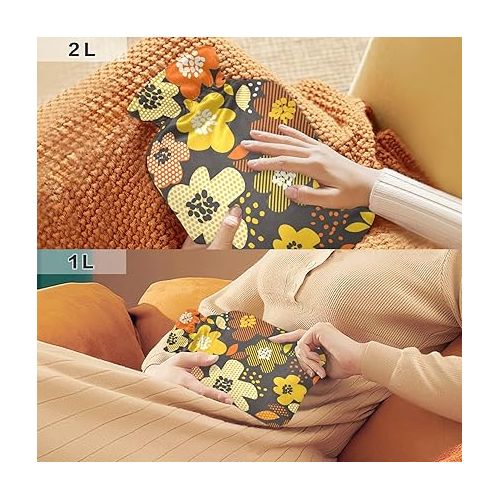  hot Water with Soft Cover 2L fashy Shoulder ice Pack for Pain Relief, Menstrual Cramps Retro Flower Motif in Fall Orange