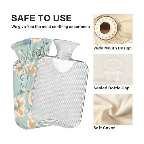  Large Water Bottle with Soft Cover 1 Liter fashy ice Packs for Hot and Cold Compress, Hand Feet Spring Flowers