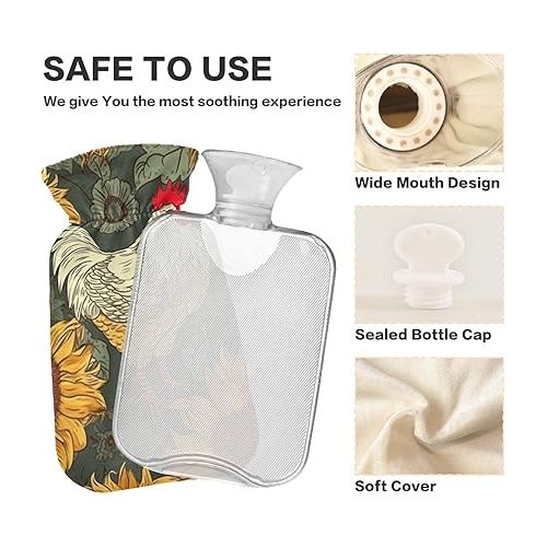  Hot Bottle Water Bag Velvet Transparent 2L fashy ice Water Bottle for Menstrual Cramps, Neck and Shoulder Pain Relief Rooster Sunflower Chicken