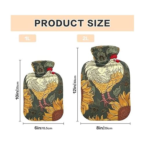  Hot Bottle Water Bag Velvet Transparent 2L fashy ice Water Bottle for Menstrual Cramps, Neck and Shoulder Pain Relief Rooster Sunflower Chicken