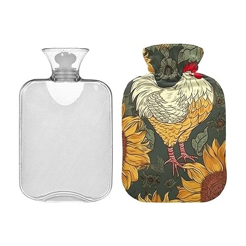  Hot Bottle Water Bag Velvet Transparent 2L fashy ice Water Bottle for Menstrual Cramps, Neck and Shoulder Pain Relief Rooster Sunflower Chicken