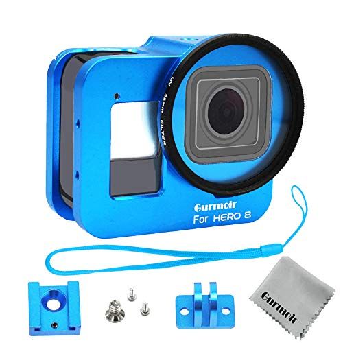  Gurmoir Case Aluminum Alloy Back Door Housing Frame for Gopro Hero 8 Black Action Camera, Wire connectable Protective Metal Side Open Shell with 52mm UV Filterfor Gopro Hero 8 (Blu
