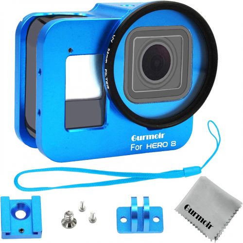  Gurmoir Case Aluminum Alloy Back Door Housing Frame for Gopro Hero 8 Black Action Camera, Wire connectable Protective Metal Side Open Shell with 52mm UV Filterfor Gopro Hero 8 (Blu
