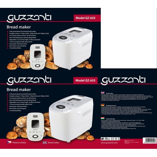  Guzzanti GZ 635 Vollautomatische Brotbackmaschine, Wahlbares Fassungsvermoegen 1125, 1350 und 1600 g, 1.6 kilograms, Weiss