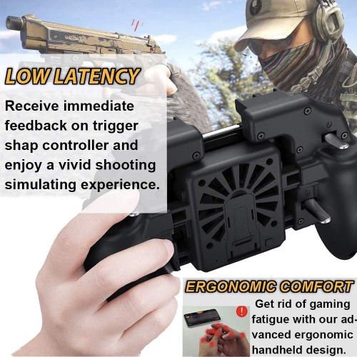  Gxcdizx Mobile Game Controller with Cooling Fan/Phone Holder/Finger Sleeves for PUBG/Fortnite/Call of Duty, Tomoda L1R1 Mobile Triggers for 4.7”-6.5” iOS Android Phones