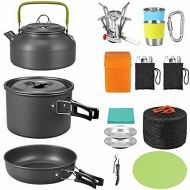 GXP 21pcs Camping Cookware Mess Kit with Folding Camping Stove, Lightweight Pot Pan Kettle Set with Stainless Steel Cups