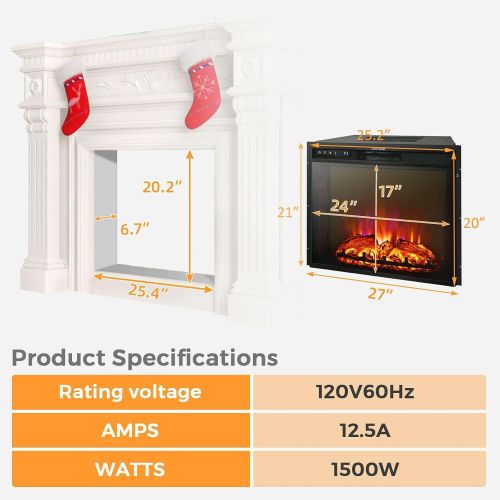  GXP 26 Inch Recessed Electric Fireplace Heater W/Remote Control 750W/1500W