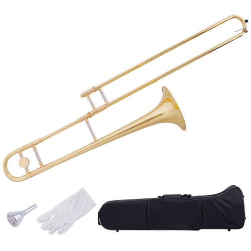  Gymax B Flat Trombone Gold Brass with Mouthpiece Case Gloves for Beginners Students
