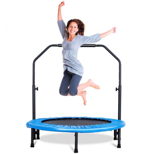  Gymax Mini Trampoline, Rebounder Exercise Trampoline for Outdoor Indoor Fitness Workout, with Handle Rail