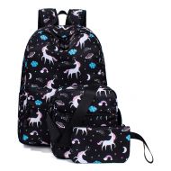 H HIKKER-LINK Unicorn School Backpack Set Laptop&Crossbody&Pencil Bag Black