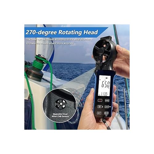  HoldPeak CFM Meter HVAC Anemometer with 270º Rotatable Detector, Handheld Wind Speed Meter Gauge with Touch Button, Waterproof Rechargeable Air Flow Velocity Measuring Device for HVAC Outdoor Sailing