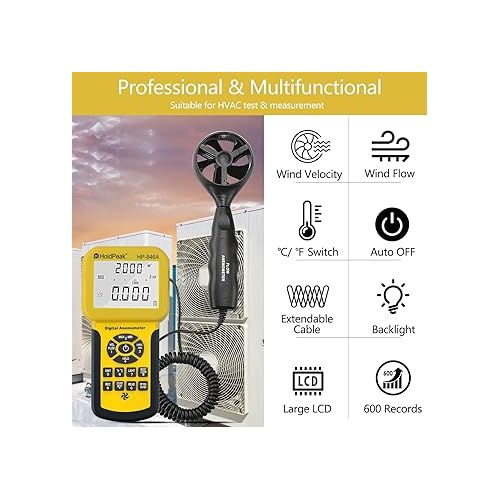  HOLDPEAK HVAC Anemometer Handheld, CFM Airflow Wind Speed Meter 100MPH, Air Flow Velocity Meter Tester Gauge with Temperature, MAX/MIN/AVG, Backlight, Memory Functions, HP-846A