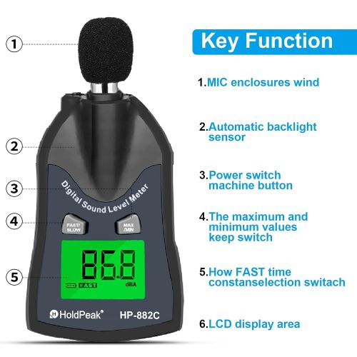  [아마존베스트]H HOLDPEAK HOLDPEAK 882C Decibel Meter,Digital Sound Level Meter 30-130dBA,Noise Volume Measuring Instrument Decibel Monitoring Tester,Max/Min Hold Data,Sensor LCD Backlight Display(Battery I