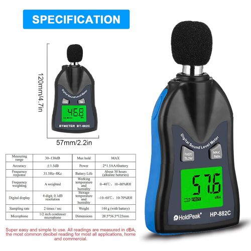  [아마존베스트]H HOLDPEAK HOLDPEAK 882C Decibel Meter,Digital Sound Level Meter 30-130dBA,Noise Volume Measuring Instrument Decibel Monitoring Tester,Max/Min Hold Data,Sensor LCD Backlight Display(Battery I