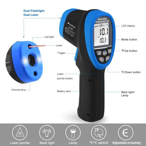  H HOLDPEAK HOLDPEAK 1800 Digital Laser Pyrometer Infrared Thermometer High Temp Gun -58℉~3272℉,Non-Contact IR Thermometer with D:S=50:1,Emissivity Adjustable,Max/Min and Backlit for Casting G