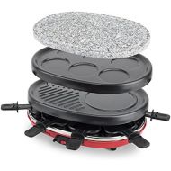 H.Koenig RP412 Raclette-Gerat 4 in 1 / 8 Personen / Raclette, Natursteingrill, Crepe-Platte und Grillplatte / mit 8 Pfannchen / 900 W / schwarz/rot