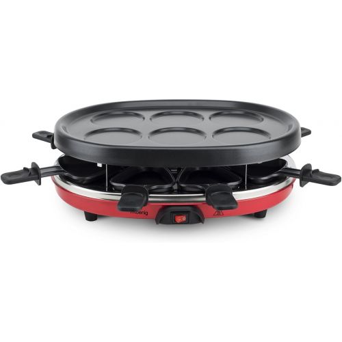  H.Koenig RP412 Raclette-Gerat 4 in 1 / 8 Personen / Raclette, Natursteingrill, Crepe-Platte und Grillplatte / mit 8 Pfannchen / 900 W / schwarz/rot