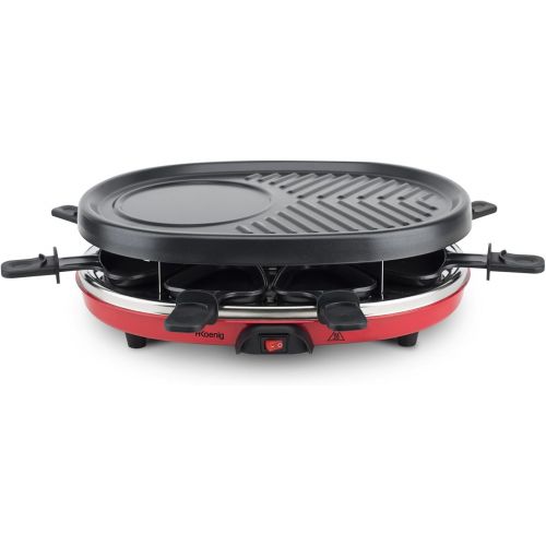  H.Koenig RP412 Raclette-Gerat 4 in 1 / 8 Personen / Raclette, Natursteingrill, Crepe-Platte und Grillplatte / mit 8 Pfannchen / 900 W / schwarz/rot