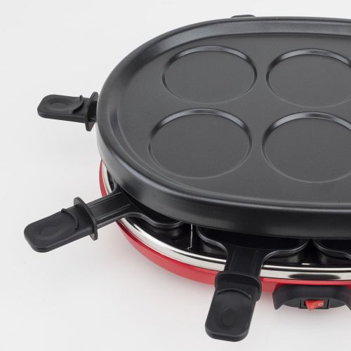  H.Koenig RP412 Raclette-Gerat 4 in 1 / 8 Personen / Raclette, Natursteingrill, Crepe-Platte und Grillplatte / mit 8 Pfannchen / 900 W / schwarz/rot