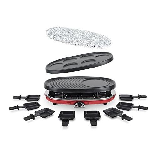  H.Koenig RP418 Raclette-Gerat 4 in 1 / 8 Personen / Raclette, Natursteingrill, Crepe-Platte und Grillplatte / mit 8 Pfannchen / 1500 W / schwarz/rot