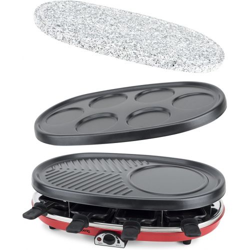  H.Koenig RP418 Raclette-Gerat 4 in 1 / 8 Personen / Raclette, Natursteingrill, Crepe-Platte und Grillplatte / mit 8 Pfannchen / 1500 W / schwarz/rot