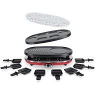 H.Koenig RP418 Raclette Device 4 in 1 / 8 People / Raclette / Natural Stone Grill / Crepe Plate / with 8 Pans / 1500 W / Black / Red