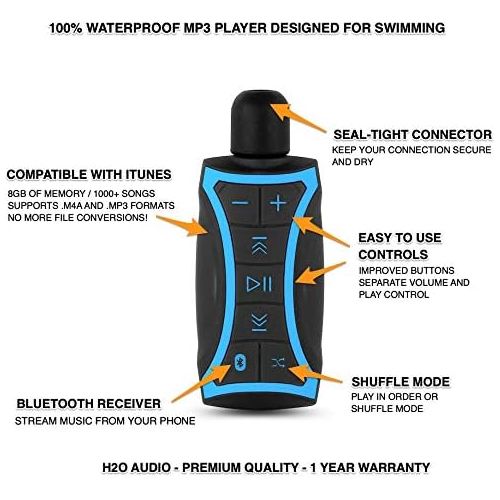  H2O Audio Stream 2 100% Waterproof MP3 Music Player with Bluetooth and Underwater Headphones for Swimming Laps, Watersports, Short Cord, 8GB