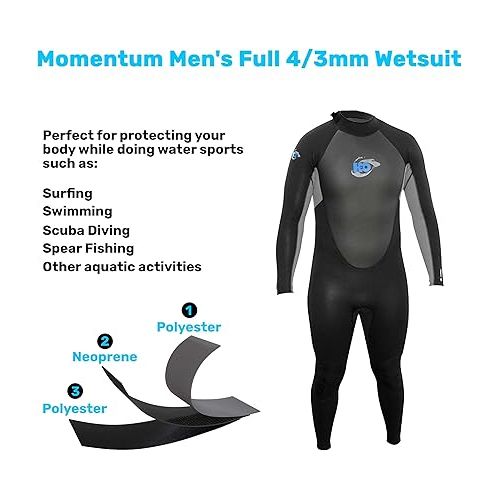  Momentum 4/3mm Wetsuit for Men - Mens Long Sleeve Swimsuit for Surf Board and Deep Sea Diving - 4 Way Stretch Material Mens Swimsuit