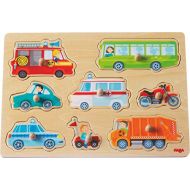 HABA 301940 - Greifpuzzle Fahrzeug-Welt | Holzspielzeug ab 12 Monaten | 8-teiliges Puzzle aus Holz mit bunten Fahrzeugmotiven | Mit grossen Knoepfen zum Greifen