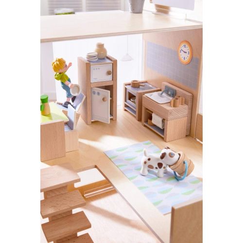  HABA Little Friends Kitchen Room Set - Wooden Dollhouse Furniture for 4 Bendy Dolls