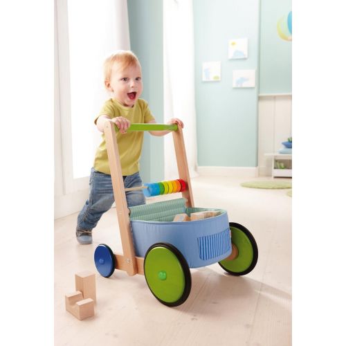  HABA Color Fun Walker Wagon - Push Toy with Wood Frame, Fabric Compartments and Large Sturdy Wheels