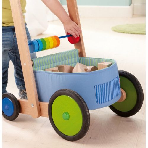  HABA Color Fun Walker Wagon - Push Toy with Wood Frame, Fabric Compartments and Large Sturdy Wheels