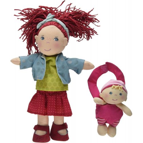  HABA Soft Doll Pair - 12 Rubina with Red Hair & Freckles and Removable Blonde Baby in Carrier