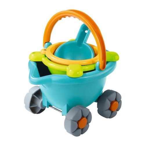  HABA Sand Bucket Scooter - 4 Piece Nesting Beach Toy Set for Toddlers with Portable Sand Bucket, Sieve, Shovel and Pail on Wheels