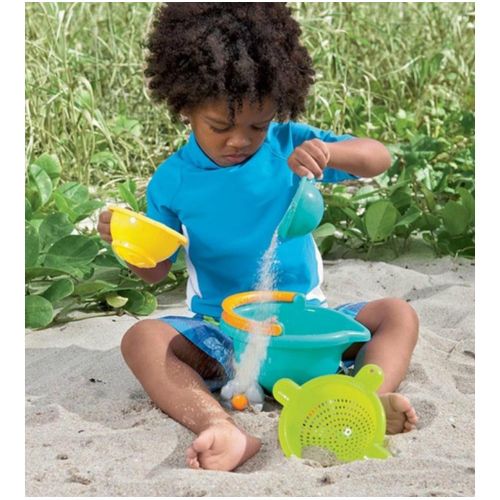  HABA Sand Bucket Scooter - 4 Piece Nesting Beach Toy Set for Toddlers with Portable Sand Bucket, Sieve, Shovel and Pail on Wheels
