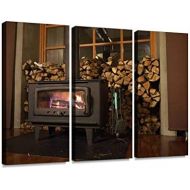 HABEN Artwork Wood Burning Stove Flaming fire Charcoal Print On Canvas Wall Artwork Modern Photography Home Decor Unique Pattern Stretched and Framed 3 Piece